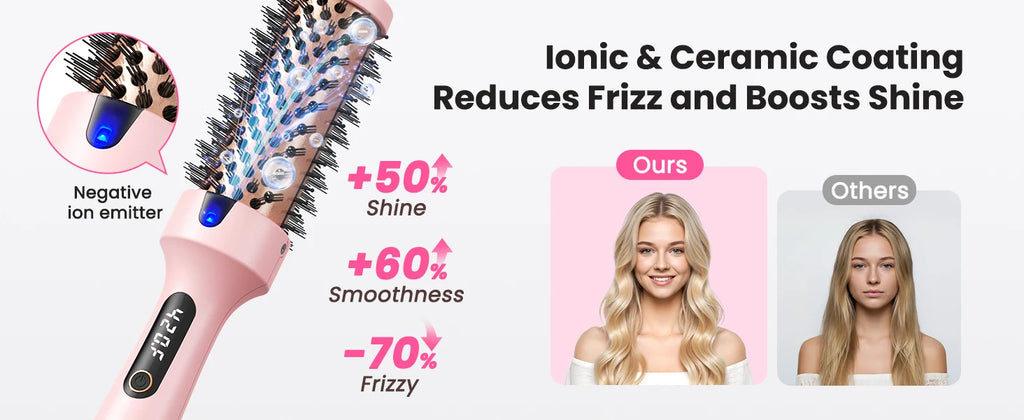Ionic Heated Round Brush with Six Temperature Settings, LED Display and 110–240V Listed Dual Voltage for Curling, Smoothing and Root Volume, Pink