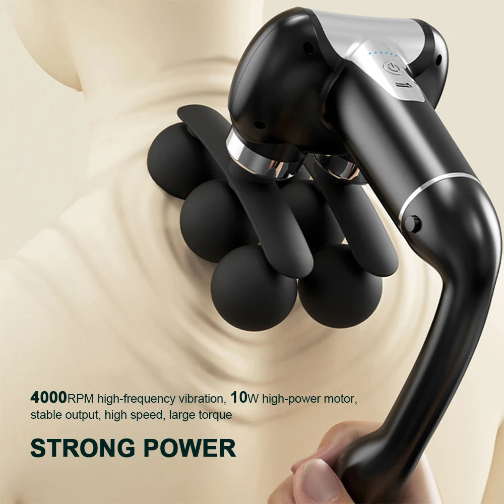 Detachable Long-Handle Massage Gun with Six Intensity Levels, Listed 1800mAh Battery and 15-Minute Timer in Black, Grey or White for Adult Home Relaxation