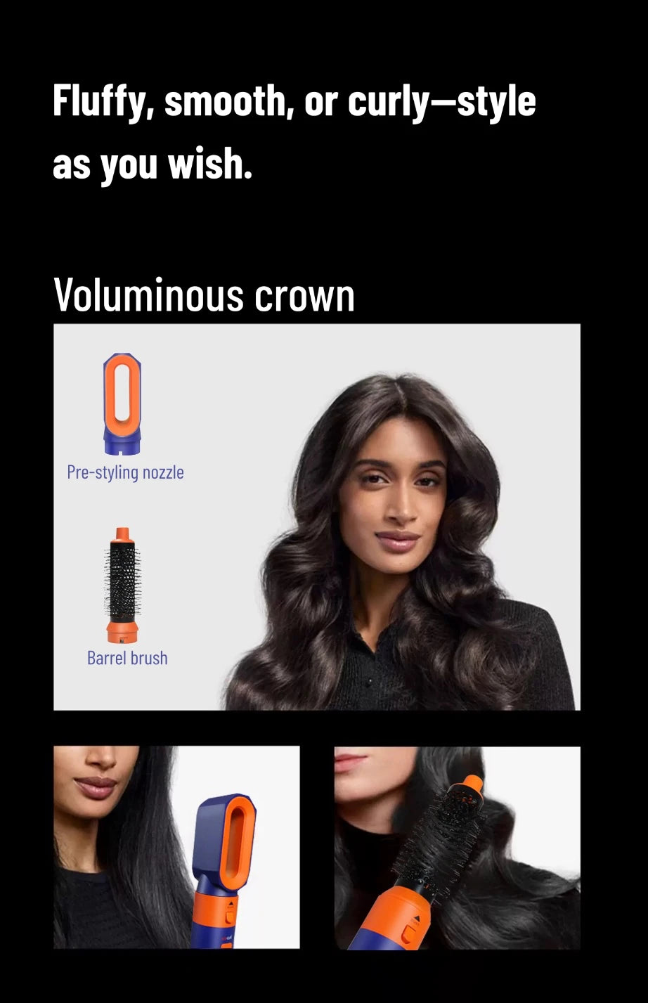 Hot Air Hair Styler, Six-in-One Packages with Curling Barrel and Brush References, US 110-120V or EU 220-240V Versions with Box or Case Options