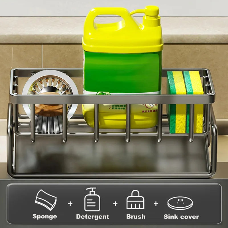 Kitchen Sink Organizer in Carbon Steel with Tilted Water Tray, Listed 23 x 9 x 10 cm Sponge and Brush Storage Rack for Sink-Side Kitchen Organization