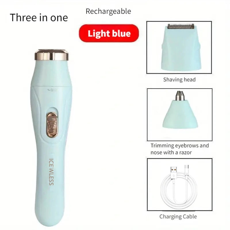 3-in-1 Women's Shaver and Trimmer with USB Charging for Underarm, Eyebrow and Nose Hair Grooming, Green, Pink or White Options for Home Use