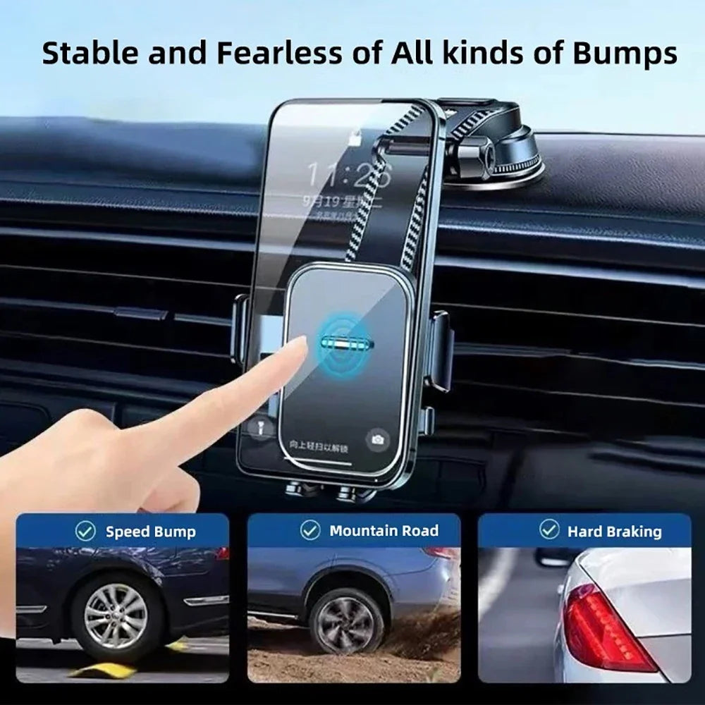 Car Phone Holder with Gravity Clamping Arms, Extension Rod and Suction Cup Base, Rotating Dashboard or Windshield Mount in Mirrored or Textured Options