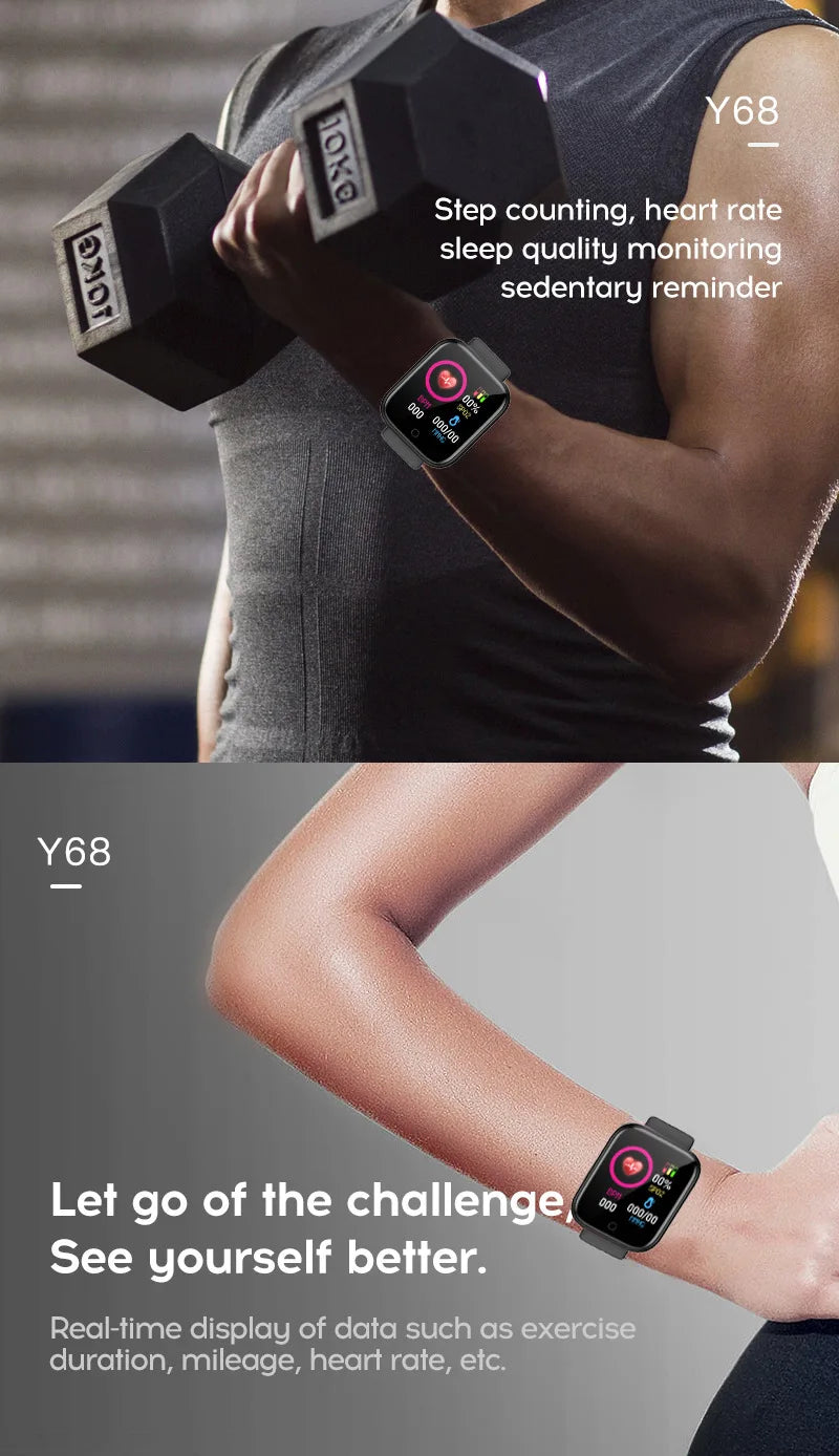 Y68 Smart Watch with Original Box for Men and Women, Gray, Black, White or Pink Wearable with Listed Sleep Monitoring and Heart Rate Functions for Compatible iOS and Android Phones