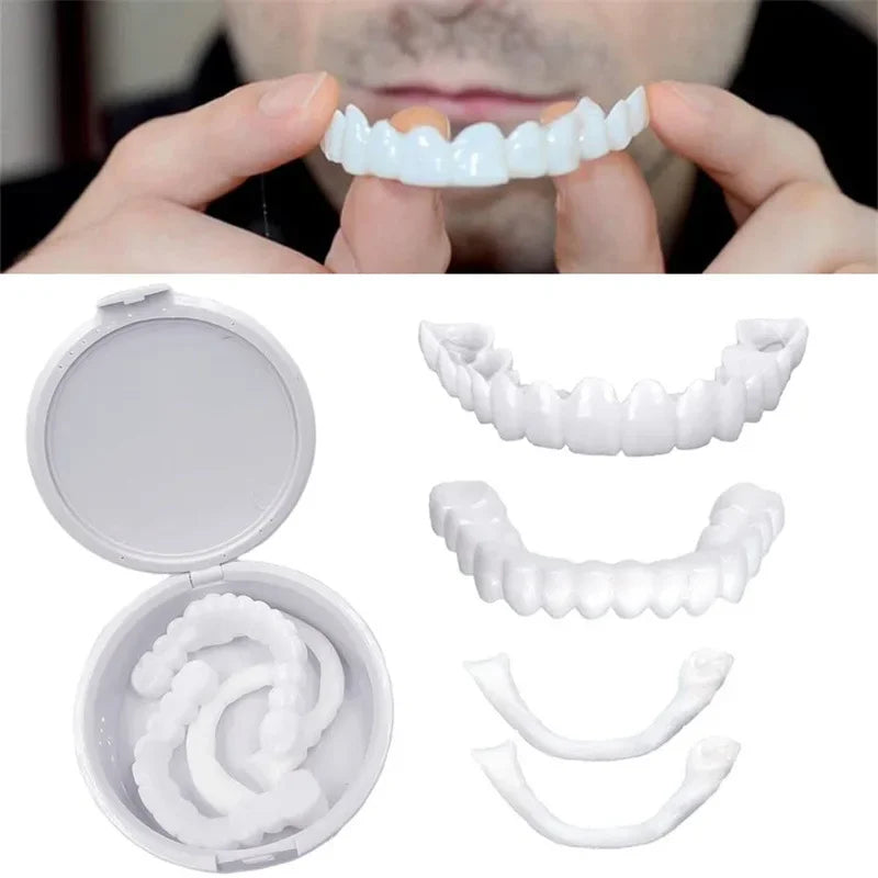 White Cosmetic Teeth Cover, Temporary False-Teeth Appearance and Denture-Style Listing with Material, Fit and Retention Requiring Professional Dental Review