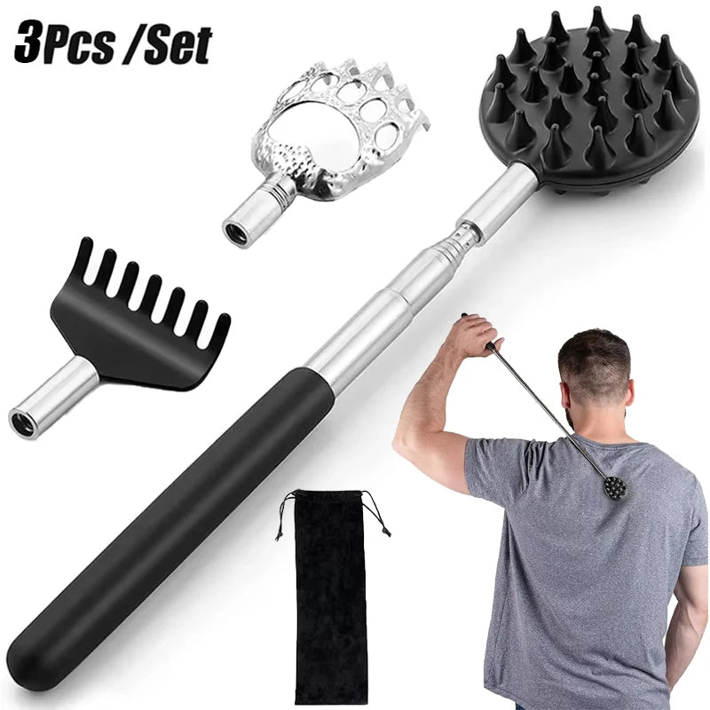 Telescopic Back Scratcher with Stainless Steel Handle, Listed 8 to 32 Inch Reach and Detachable Head Set Reference, Single, Three or Five-Piece Options