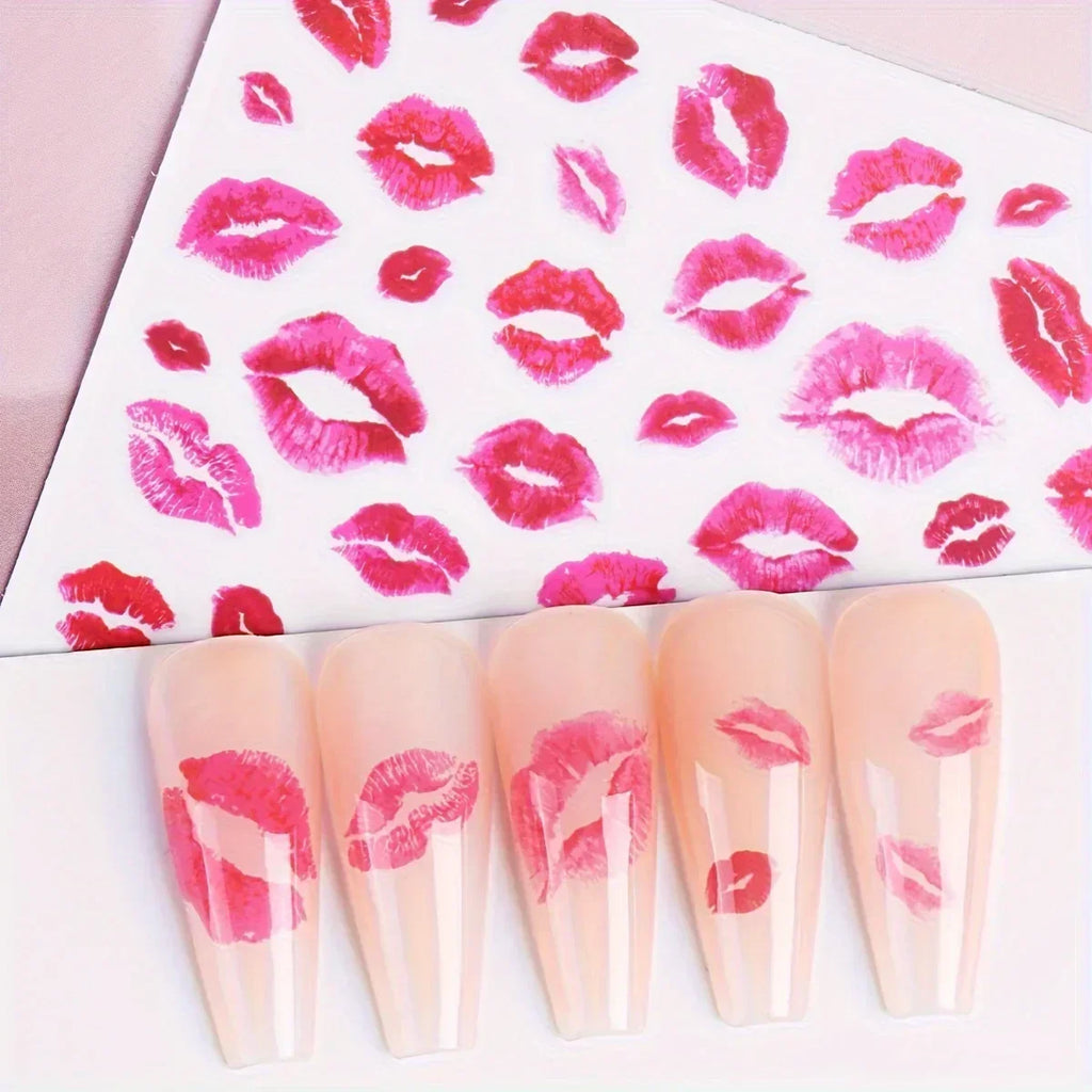 Heart and Kiss Nail Art Stickers, Red Self-Adhesive Matte Finish Decals for Romantic DIY Manicures, Valentine's Day Styling and Everyday Nail Decoration