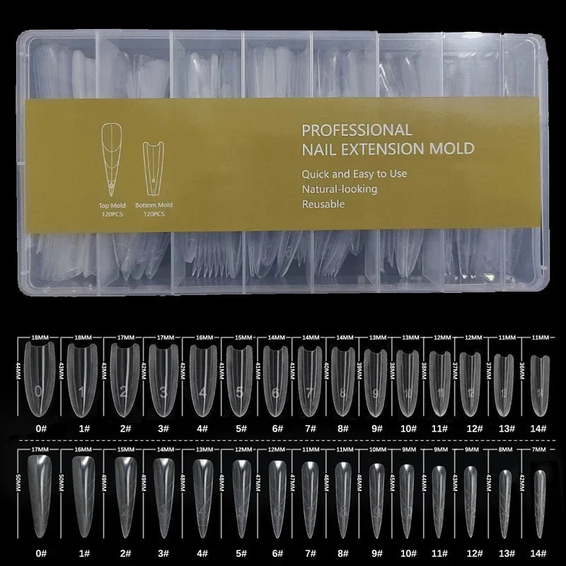 Reusable Sandwich Dual Nail Forms, Listed 240-Piece and 15-Size Top and Bottom Extension Molds with Long Point, Beagle T and Ellipse Options