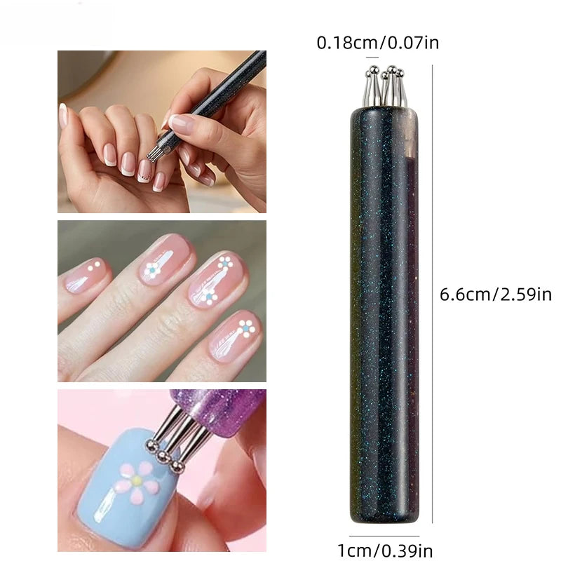 Five-Petal Nail Dotting Tool, 1.8mm Metal Fine Tip with Glitter Handle for Daisy Flower Nail Designs, Dot Patterns and Rhinestone Placement in Four Color Options