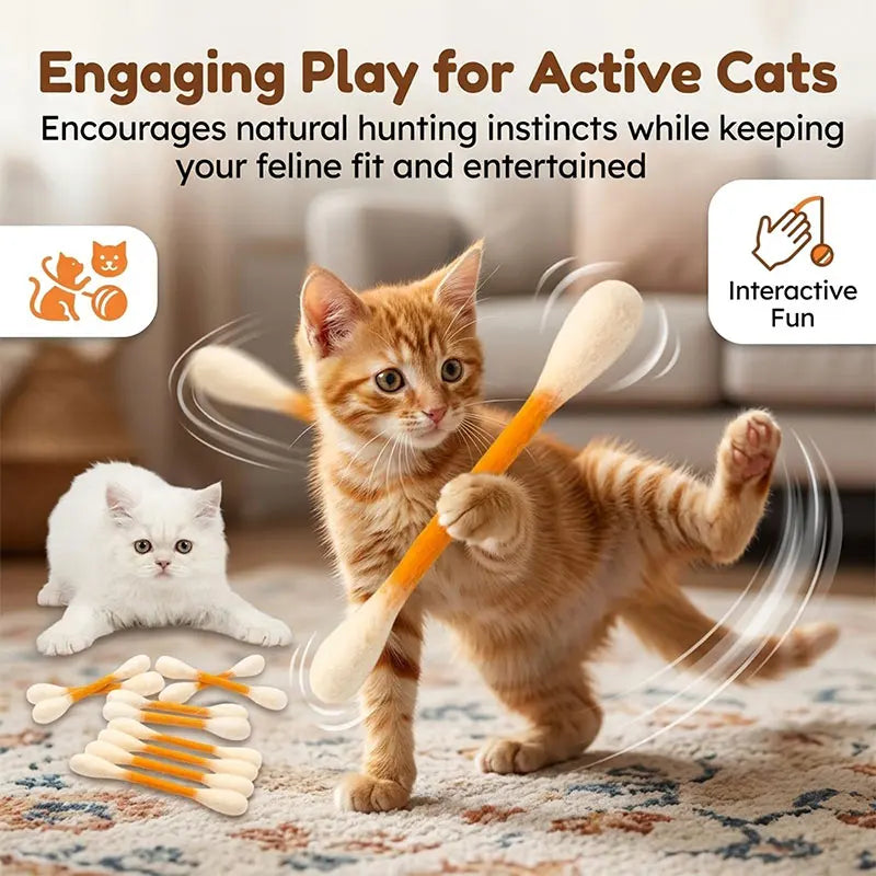 Catnip Kicker Sticks in Cotton Swab Shape, 6-Piece Felt Cat Toy Set for Supervised Indoor Batting and Kicking Play with Seven Color Option Labels