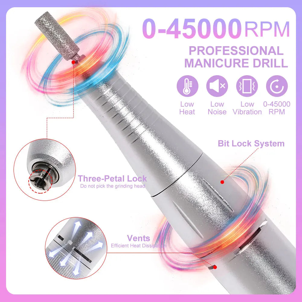 Portable Nail Drill V2 with Listed 45,000 RPM Adjustable Speed, 1800mAh Rechargeable Battery, LCD Display and Six Bits for Acrylic and Gel Manicures
