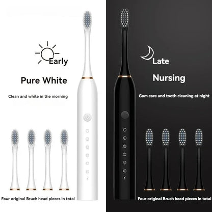 USB Rechargeable Electric Toothbrush for Adults, X3 Six-Mode Soft Bristle Brush with Two-Minute Cycle, 30-Second Reminders and Four-Head Option Labels