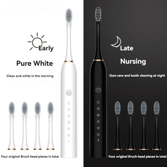 USB Rechargeable Electric Toothbrush for Adults, X3 Six-Mode Soft Bristle Brush with Two-Minute Cycle, 30-Second Reminders and Four-Head Option Labels