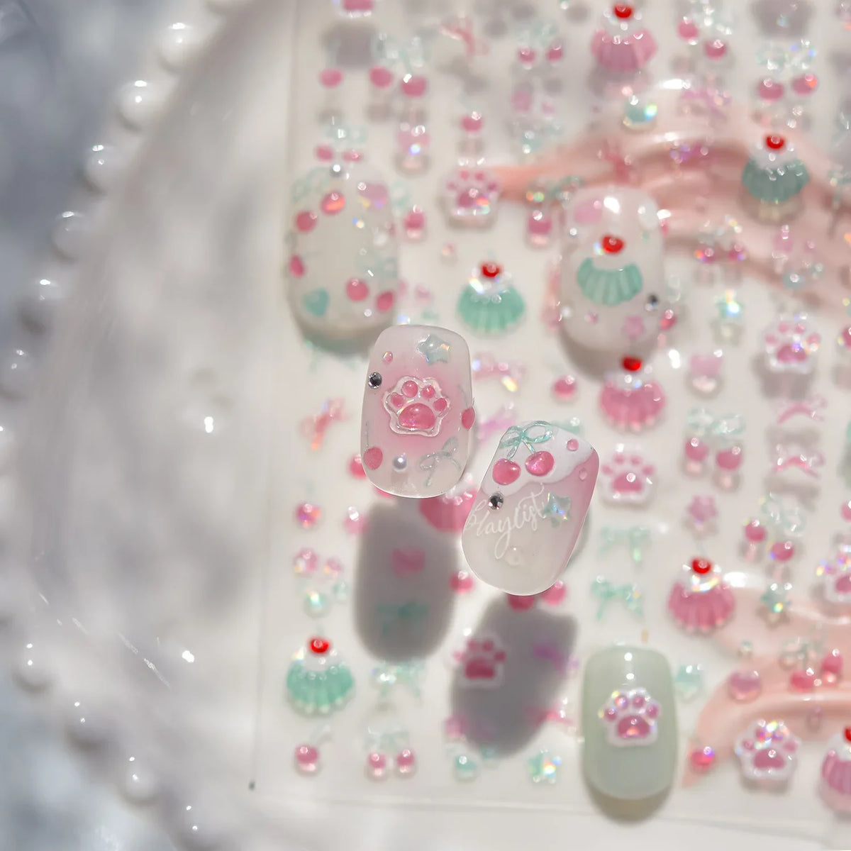 Jelly Nail Art Stickers with Cat Claw, Cherry and Bow Themes, Shiny 5D Self-Adhesive Nail Decals in TO5082 or TO5083 Styles for DIY Manicures