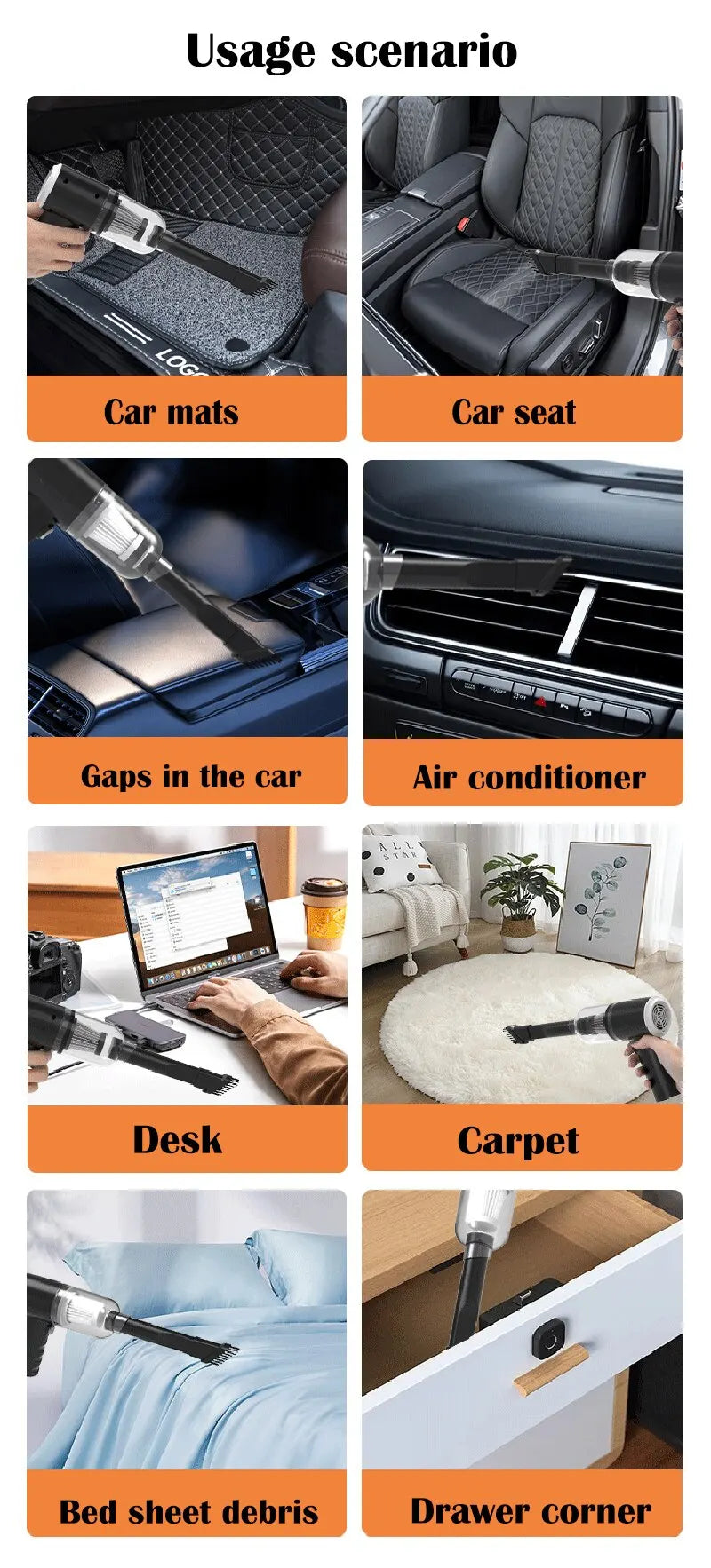 Car Vacuum Cleaner with USB Rechargeable Battery and Nozzle Kit, Black Cordless Handheld Tool for Vehicle Interior Crumbs and Household Spot Cleaning