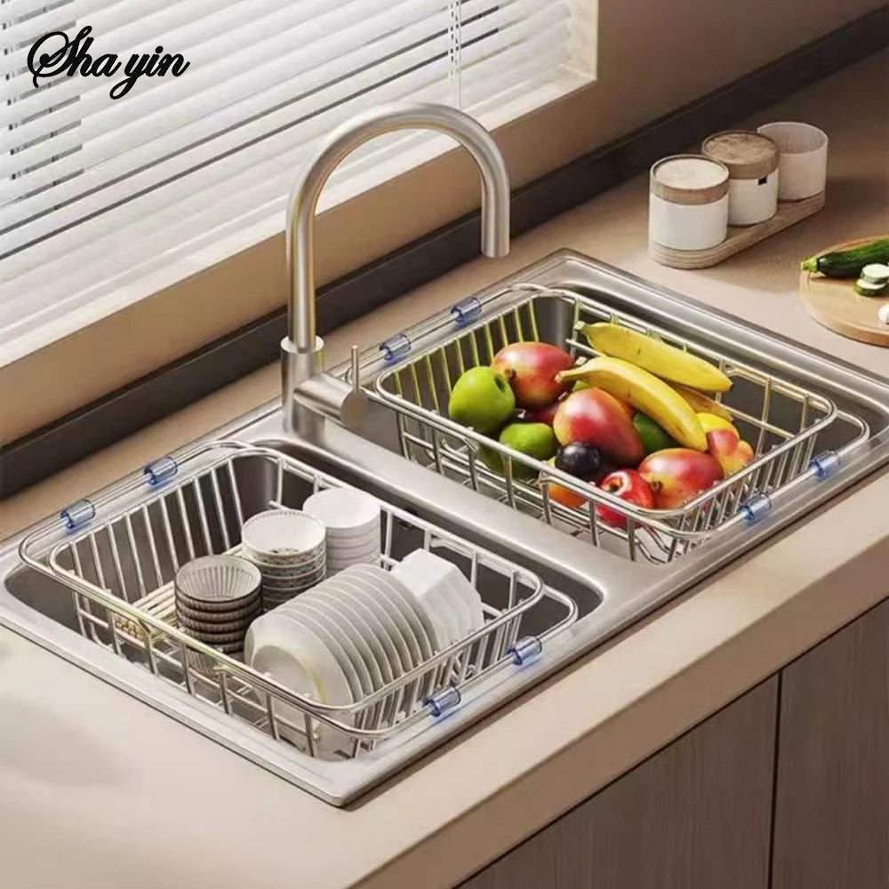 Telescopic Sink Drain Basket, Stainless Steel Expandable Dish Drying Rack with Medium or Large Size Options for Kitchen Cups, Plates and Produce Rinsing