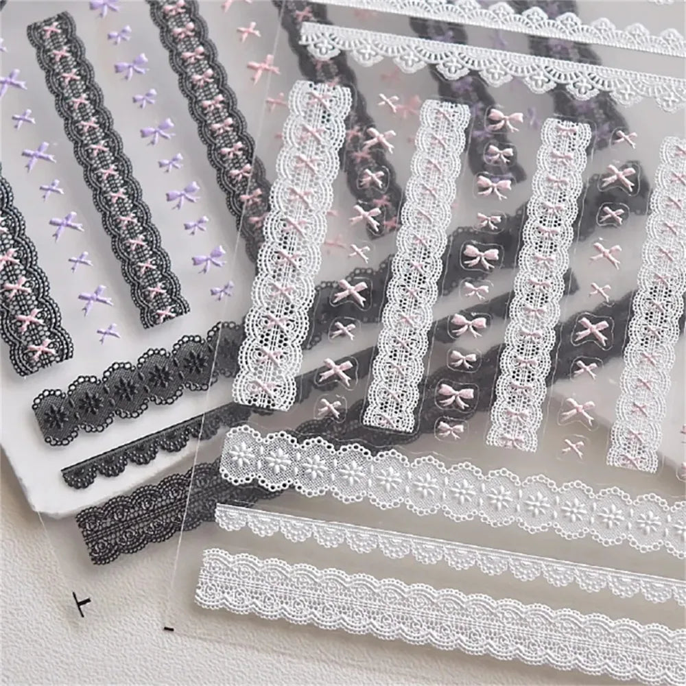 Kawaii Lace Nail Stickers, 1 Sheet of 5D Relief Self-Adhesive Bow and Red Heart Decals for Japanese-Style Wedding and Everyday DIY Manicures