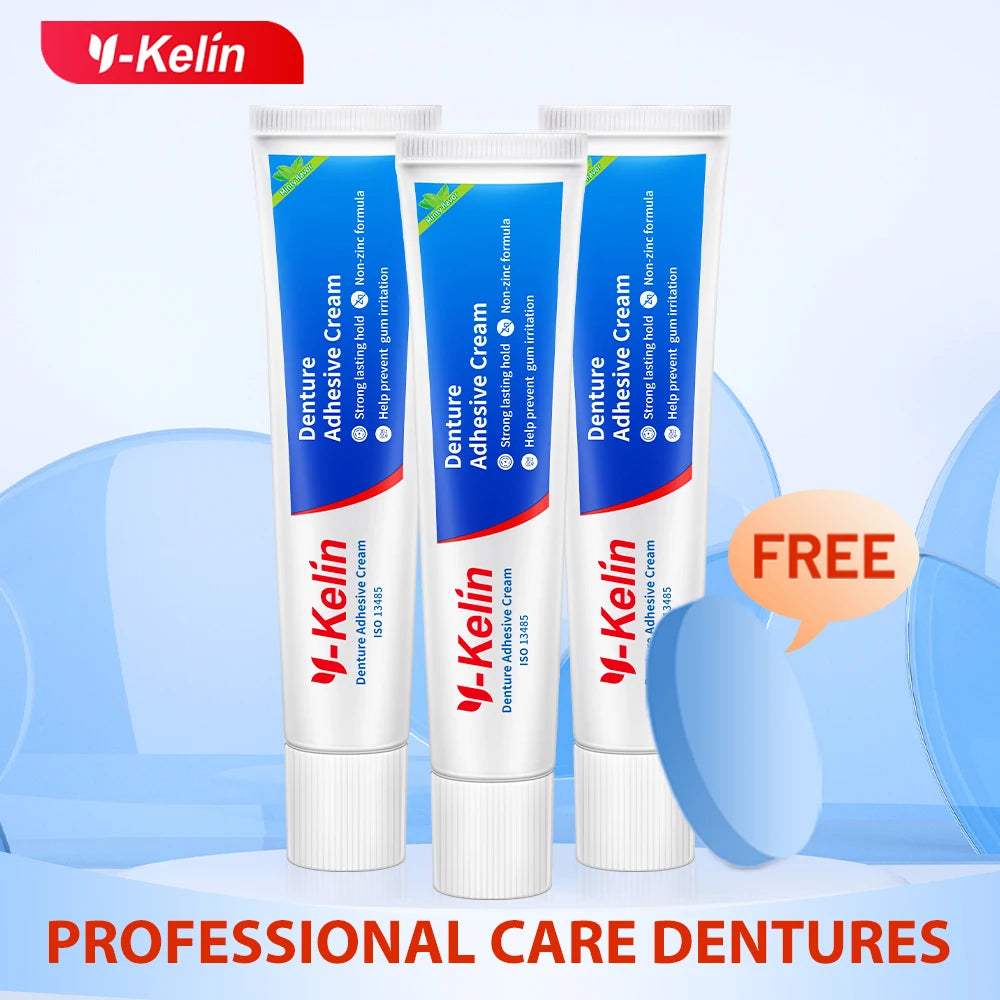Denture Adhesive Cream Three-Pack by Y-Kelin, Three 40g Tubes with Listed Minty Taste and Non-Zinc Formula for Label-Guided Full and Partial Denture Care