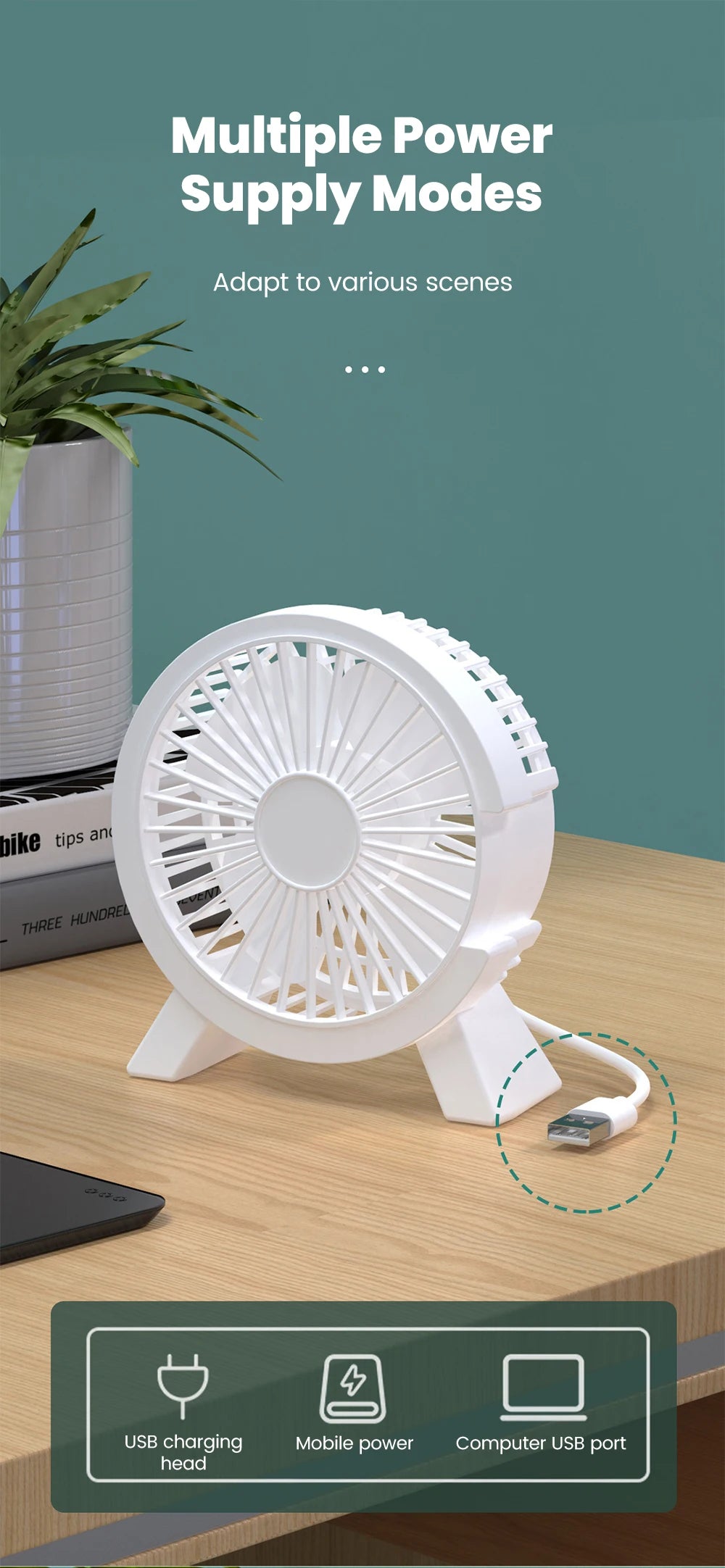 USB Powered Mini Desk Fan for Home Office and Student Study Spaces, Direct-Connection Tabletop Personal Fan in Green, White or Pink