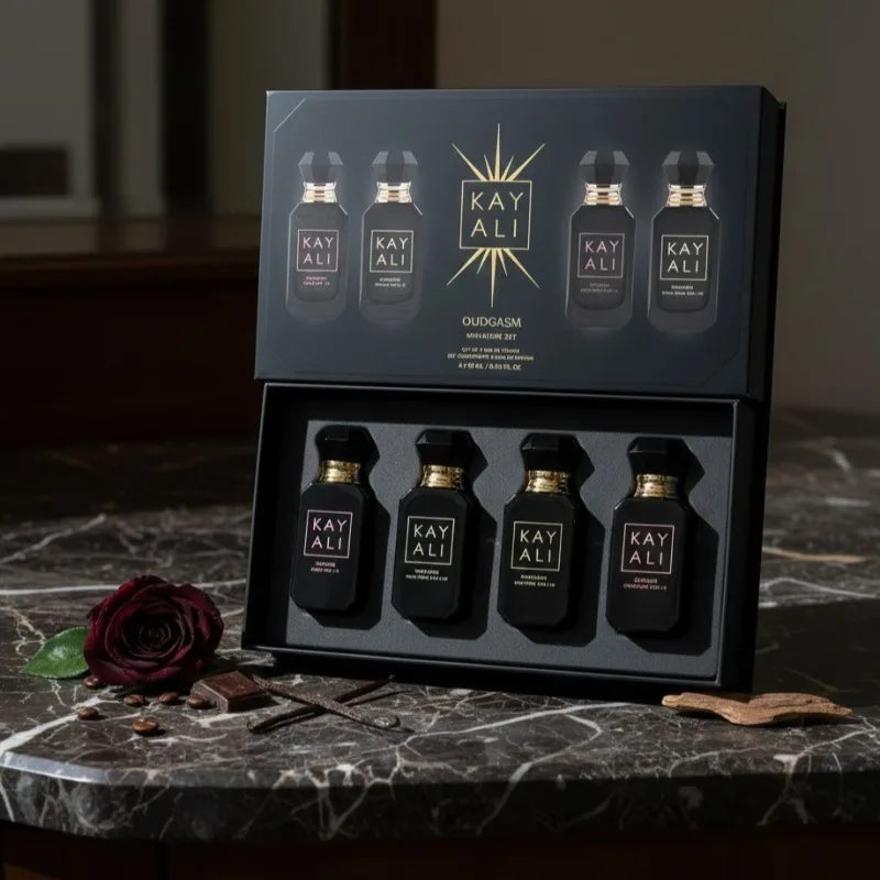 Four Scent Perfume Set with 4 x 10ml Bottles, Unisex Fragrance Assortment Options Featuring Listed Vanilla, Oud, Floral and Fruity Profiles for Everyday Wear and Gifts
