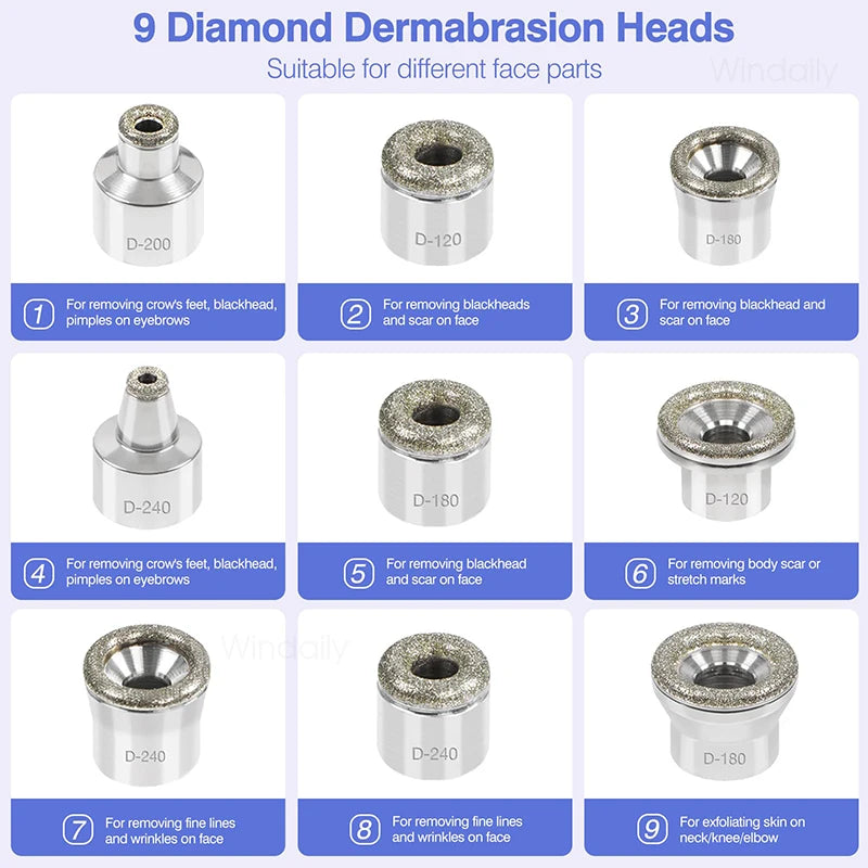 Cordless Diamond Microdermabrasion Device with Replaceable Tip References, Nine-Head Five-Level or Four-Head Three-Level Options for Adult Facial Beauty Routines