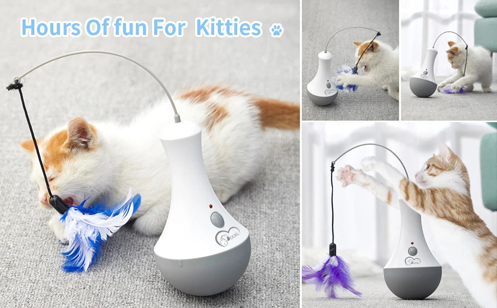Automatic Feather Cat Toy by DOEL with 360-Degree Random Rotation, Two Interchangeable Feathers and 15-Minute Auto Shutoff for Supervised Indoor Play, White
