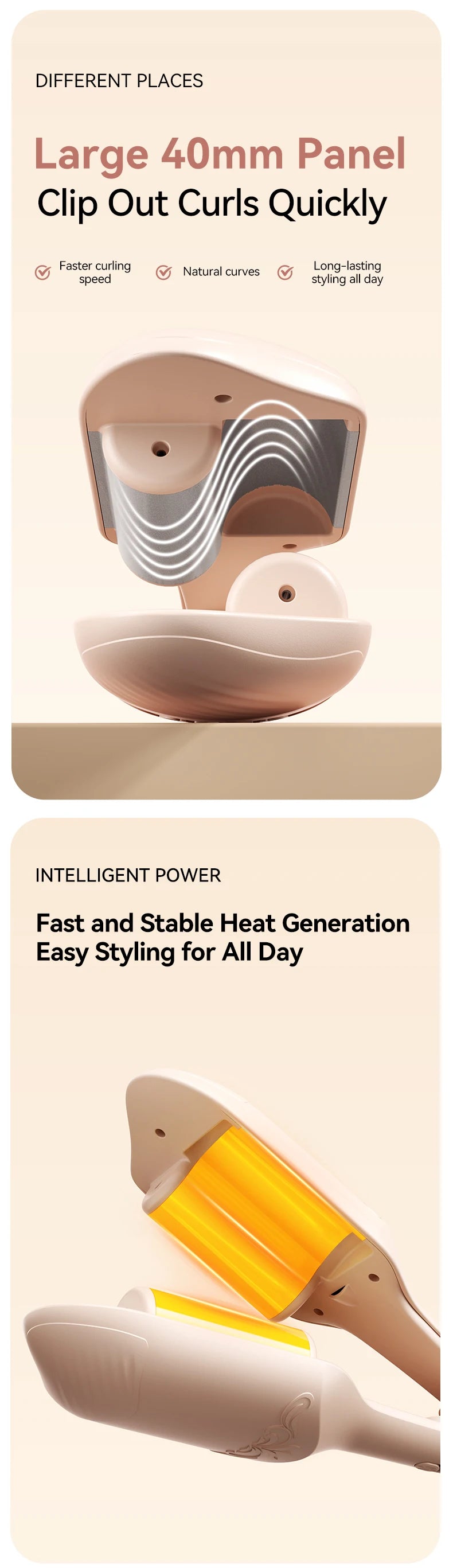 40mm Hair Waver in Beige, Corded Ceramic-Coated Wave Styling Iron with Listed Adjustable Heat, Regional Plug Choices and Without-Box Packaging Option