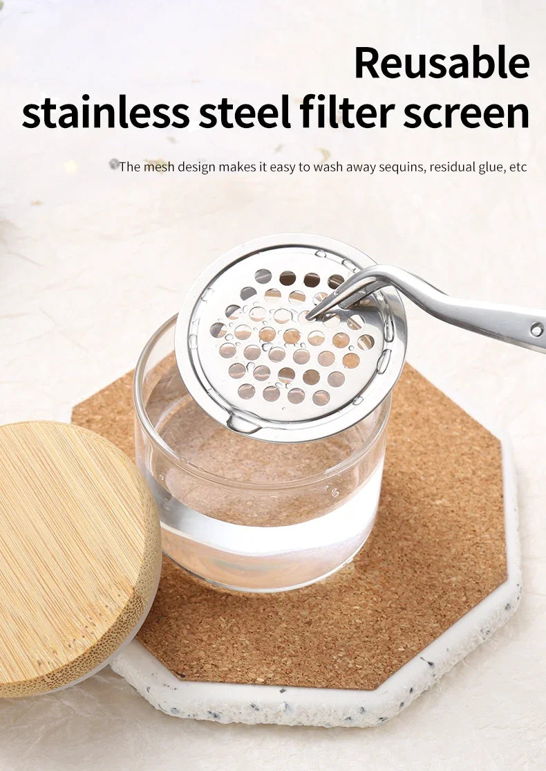 Nail Brush Cleaning Cup with Stainless Steel Mesh Base, Glass Manicure Tool Container for Brush Washing and Compatible Nail Drill Bit Cleaning