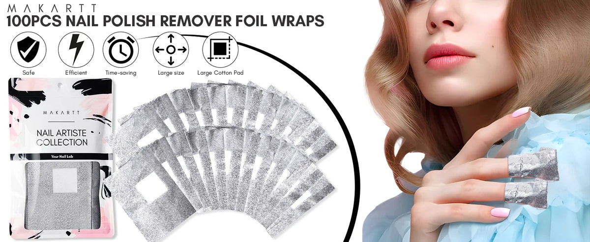 Nail Foil Wraps with Attached Cotton Pads by Makartt, 100-Piece Soak-Off Removal Supplies for Compatible Gel Polish and Nail Coatings, Acetone Not Included