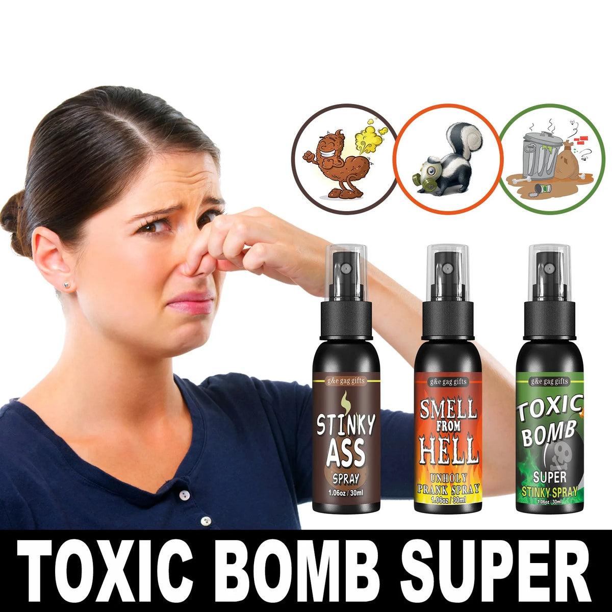 Fart Spray Novelty Liquid with Listed 30ml Pump-Action Bottle, Gag Gift Selection in A, B and C Single-Piece Labels or D Three-Piece Option