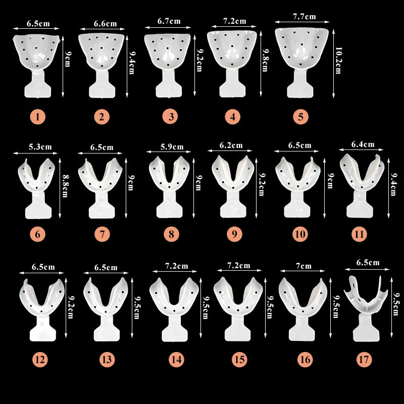 Edentulous Dental Impression Trays, 17-Piece Plastic Tray Set with Smooth Surfaces for Professional Dental Impression Work and Clinic Supplies