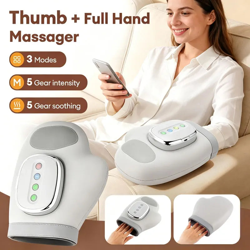 Full-Hand Compression Massager with Finger, Thumb, Palm and Wrist Coverage, Three Modes, Five Intensity Levels and Cordless 2000mAh Rechargeable Design