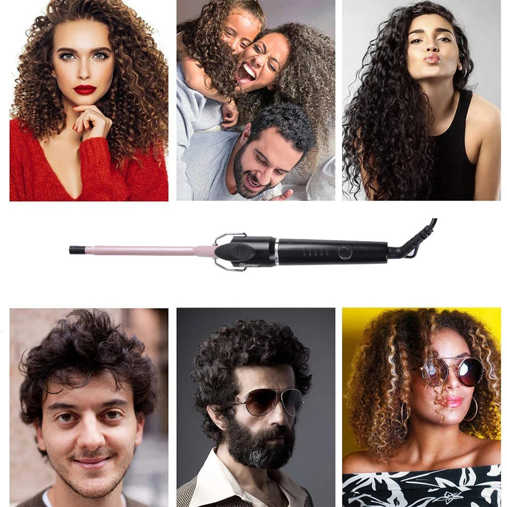 Hatteker 9mm Curling Wand, Slim Tourmaline Ceramic Barrel Hair Styling Iron with Listed 210–240V Rating and US, EU or UK Plug Options