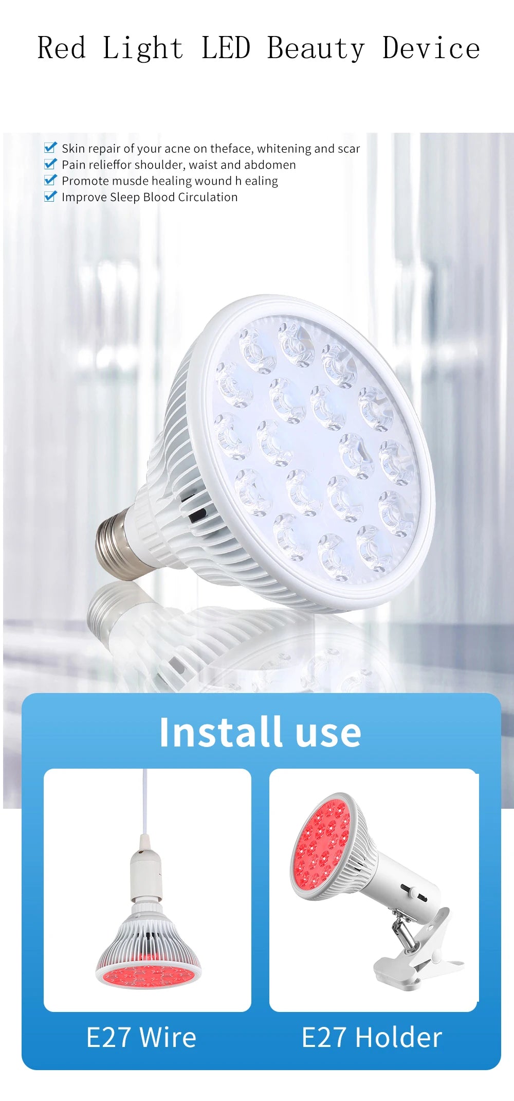 E27 Red LED Bulb with Listed 18 LEDs and Separate 630nm or 660nm Options, PAR38 Style Bulb-Only or US, EU, UK and AU Stand Packages for Adult Personal Care Selection