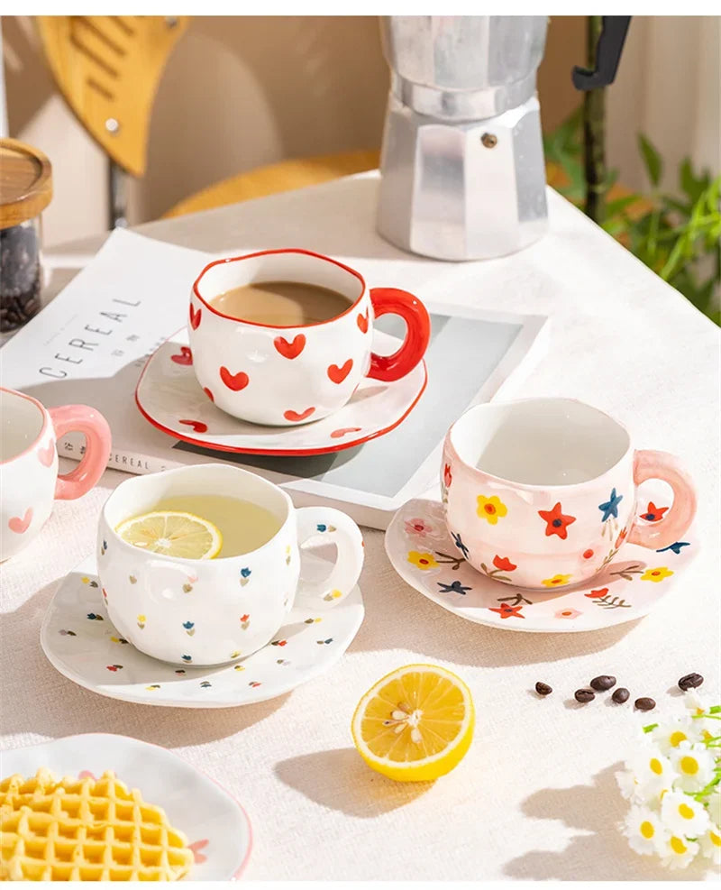 Hand-Painted Ceramic Mug with Irregular Korean-Style Shape and Floral, Heart or Playful Pattern Options for Breakfast Coffee and Afternoon Tea, Cup Only