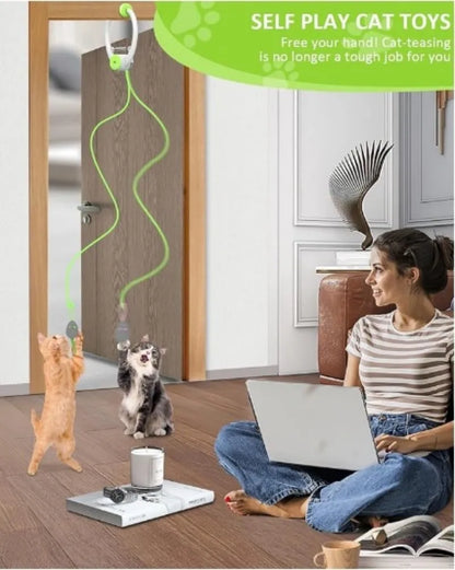 Door Hanging Cat Toy with Elastic Bouncing Teaser Rope and Sticky Disc Mount, Blue Indoor Cat Enrichment Toy for Supervised Batting and Pouncing