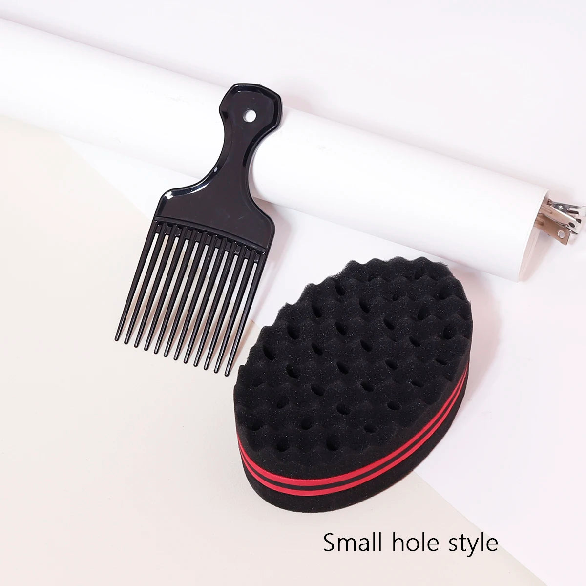 Hair Sponge Brush and Wide-Tooth Comb Set, Two-Piece Styling Tools with Large-Hole or Small-Hole Options for Compatible Hair and Human-Hair Wig Grooming