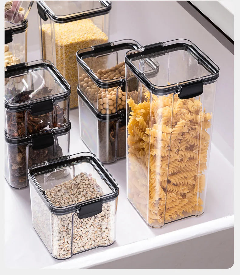 Clear Pantry Storage Jars with White or Black Covers, Five Capacity Options from 460ml to 1800ml and Single-Size Packs or Mixed Five-Size Kitchen Sets