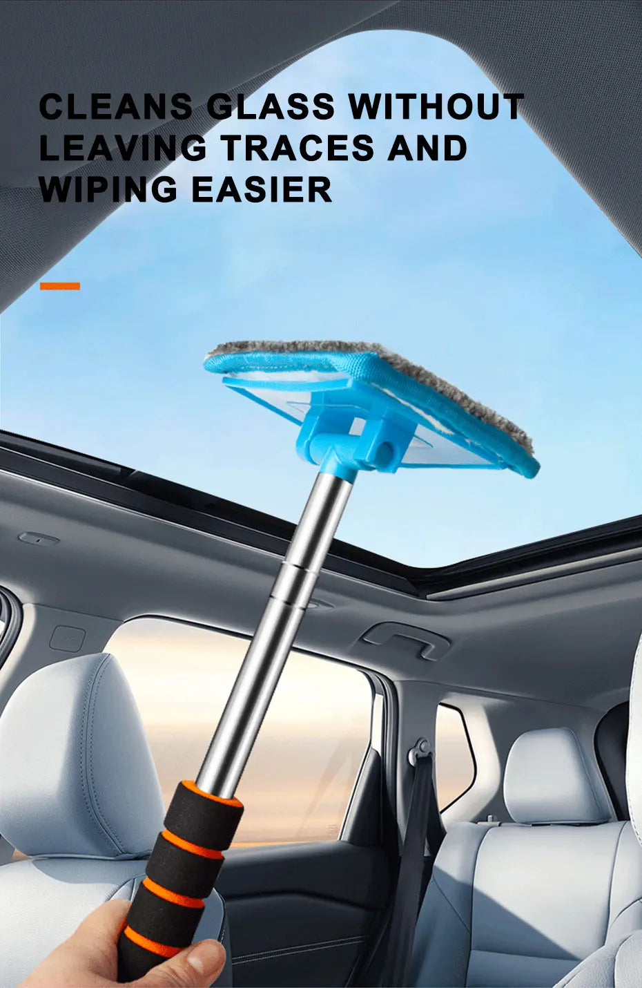 Telescopic Windshield Cleaning Brush by SEAMETAL, 32–50.5cm Adjustable Aluminum-Alloy Handle for Manual Car Glass Wiping in Black, Orange or Blue