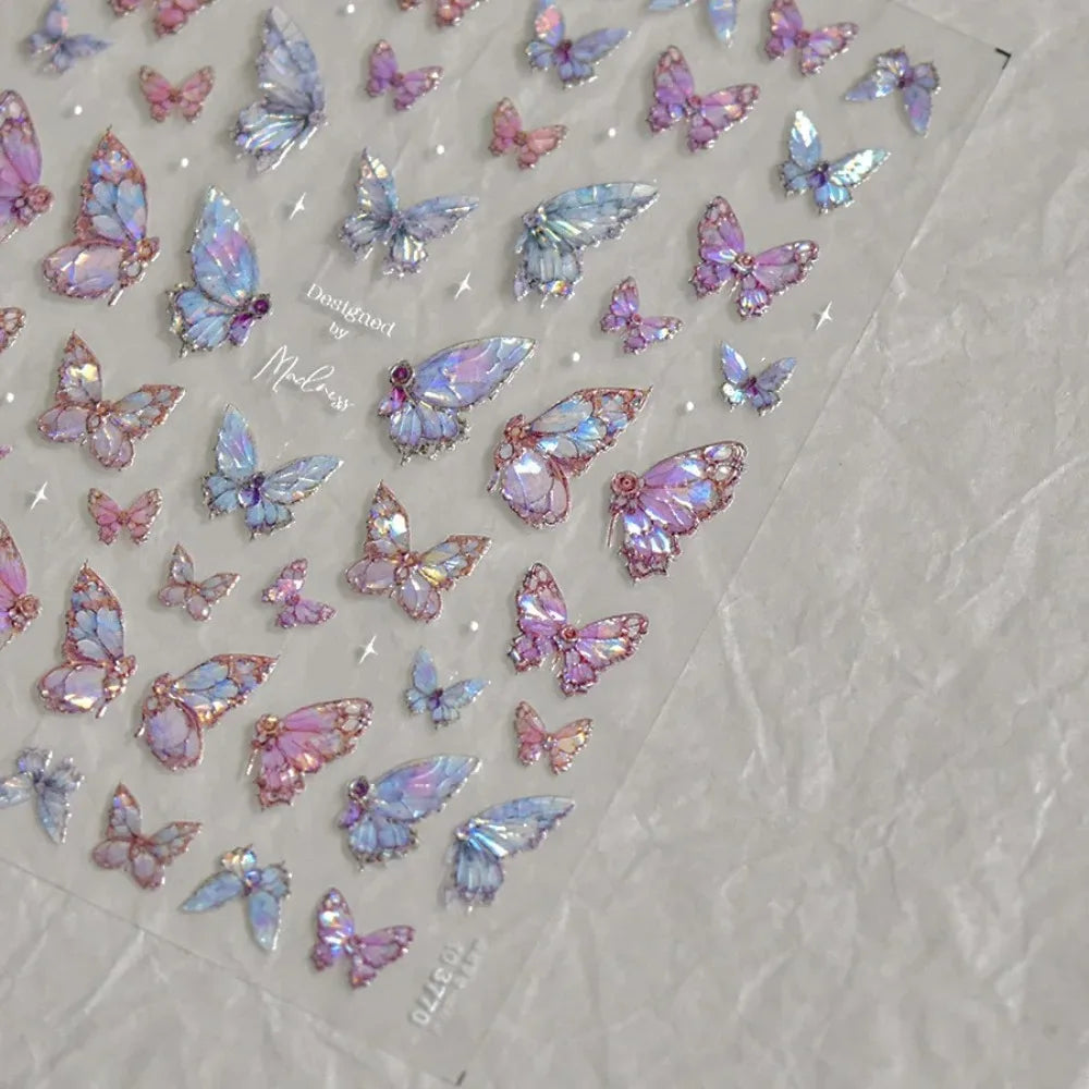 Butterfly 5D Nail Art Stickers, Kawaii Japanese-Inspired Glitter Shell Aurora Style Manicure Decals in Four Design Options for DIY Nail Decoration