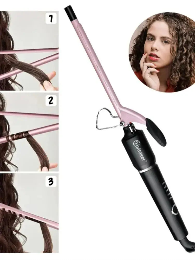 Hatteker 9mm Curling Wand, Slim Tourmaline Ceramic Barrel Hair Styling Iron with Listed 210–240V Rating and US, EU or UK Plug Options
