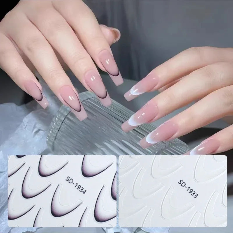 French Gradient Line Nail Art Stickers, White and Black Self-Adhesive 3D Decals for Natural, Acrylic and Artificial Nails, DIY Home and Salon Manicures