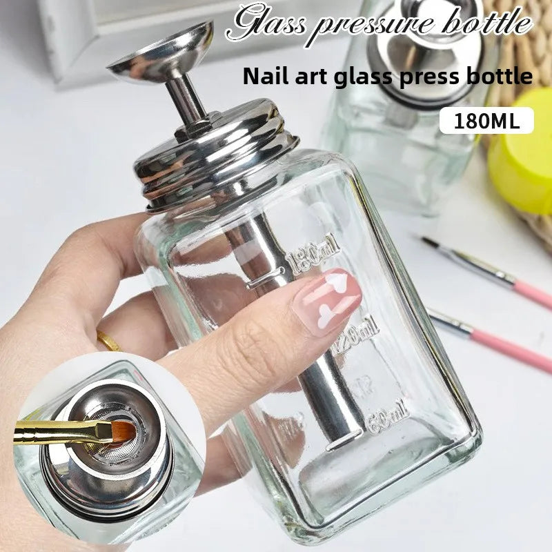 Nail Polish Remover Dispenser Bottle, 180ml Square Refillable Glass Container with Push-Down Pump for Home Manicures and Salon Nail Stations