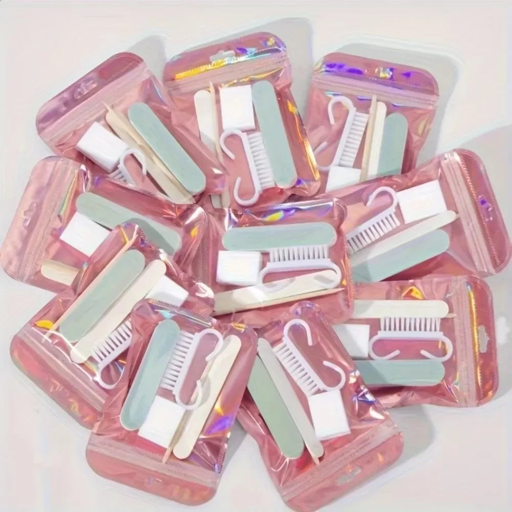 Manicure Prep Kit with Five Tools and Holographic Zipper Bag, Mini Nail File, Buffer, Cuticle Pusher, Cleaning Brush and Wooden Stick for Home and Travel