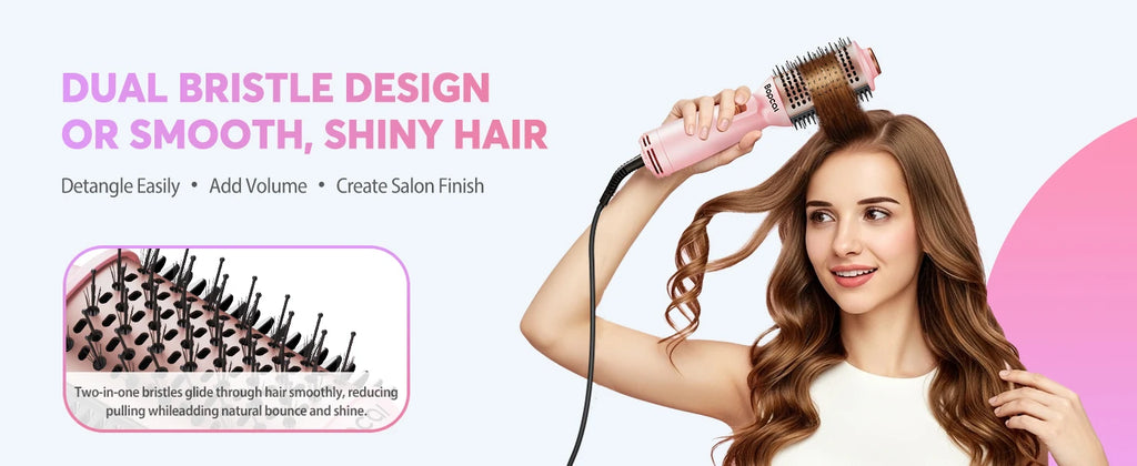 Dual Voltage Travel Hair Dryer Brush, Pink 4-in-1 Compact Hot Air Styler with Listed 100–240V Operation, Three Heat and Airflow Modes and US, EU or UK Plug Choices