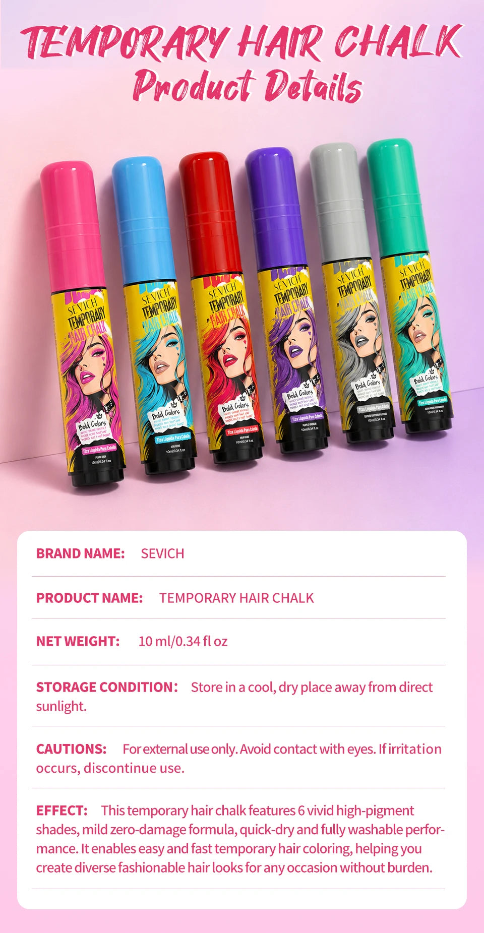 Temporary Hair Color Chalk for Washable Highlights, 10ml Single-Color and Six-Color Set Options for Halloween, Cosplay and Holiday Party Styling