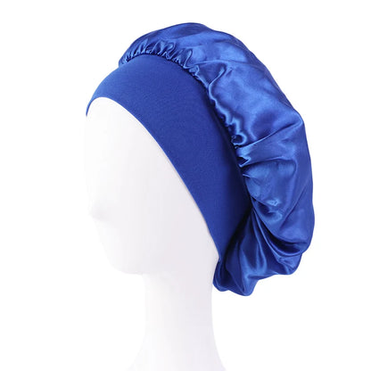 Wide Band Satin Sleep Bonnet with Listed Elastic Hair Wrap Design, Polyester Material Reference and Twenty-Eight Color Labels for Adult Nighttime Hair Styling