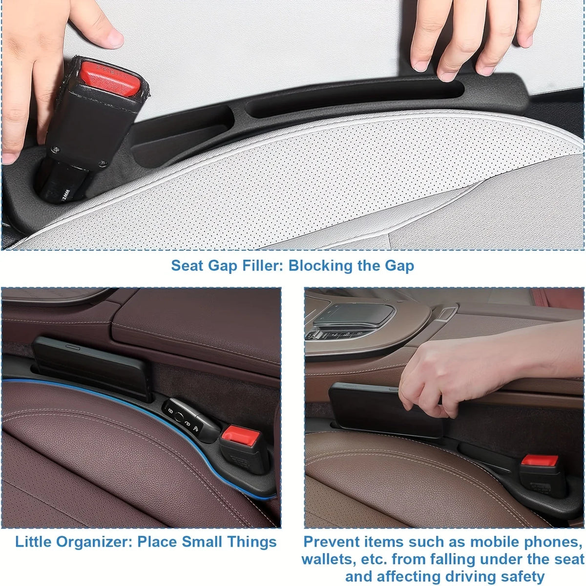 Dual-Groove Car Seat Gap Filler, 2-Piece Black PU Organizer Strips for Compatible Seat-to-Console Gaps, Small Essentials and Everyday Vehicle Interior Storage
