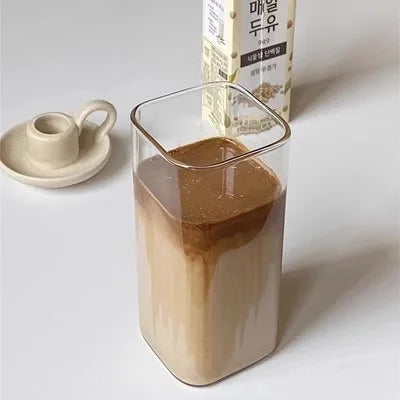400ml Glass Coffee Cup with Listed Lid and Straw, Transparent Borosilicate Drinkware for Iced Coffee, Milk Tea and Juice with Square Cup and Bamboo Lid Options