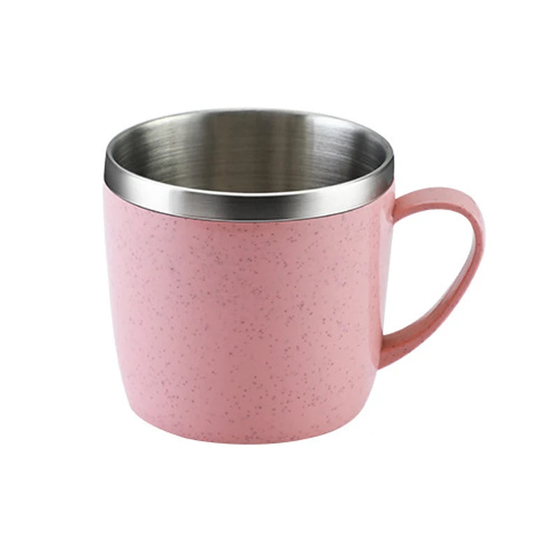 220ml Stainless Steel Mug with Plastic Handle and Double-Layer Design, Single Coffee, Tea and Milk Cup in Blue, Green, Pink or Beige for Home and Office
