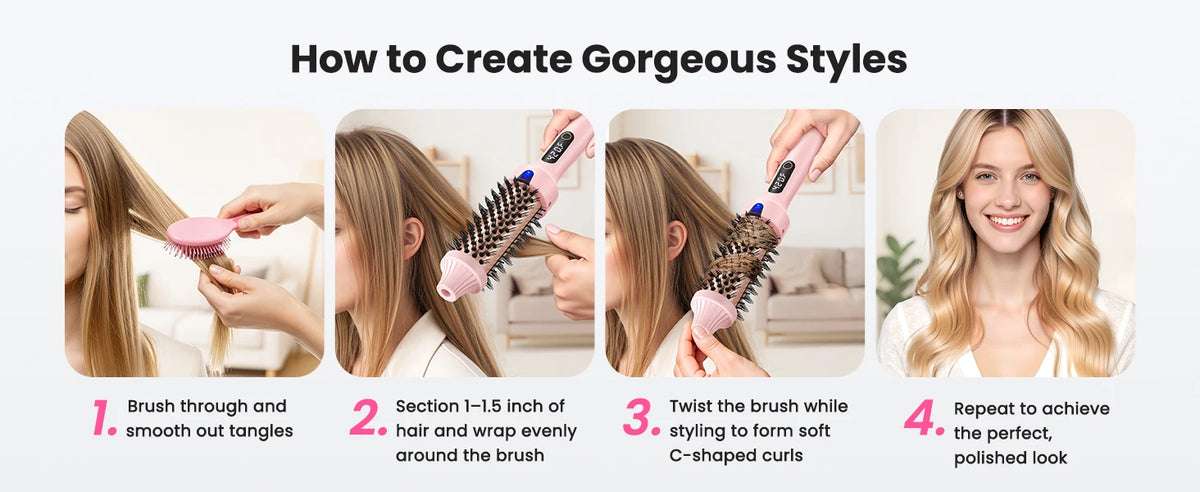 Ionic Heated Round Brush with Six Temperature Settings, LED Display and 110–240V Listed Dual Voltage for Curling, Smoothing and Root Volume, Pink